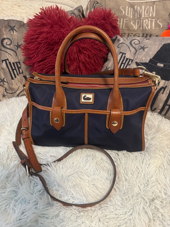 Dooney & Bourke Handbags - Dooney & Bourke Navy and Brown Leather Satchel with Shoulder Strap